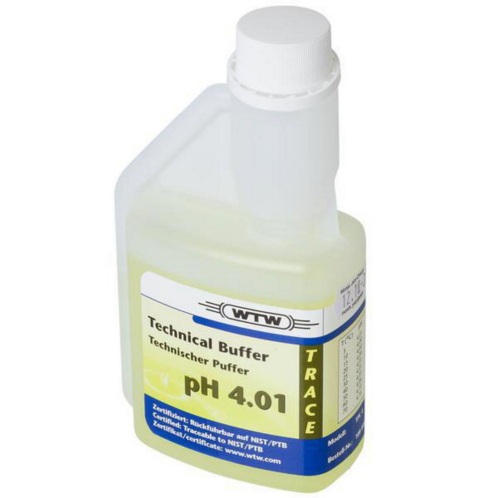 pH-buffer, Technische oplossing, Vloeistof, Heldere gele vloeistof, Fles met etiket