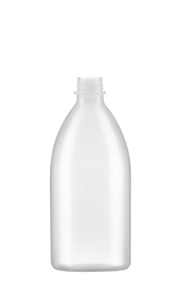 Fles 500 ml, LDPE, Nauwmonds, Helder, schroefdraad DIN 25, zonder dop