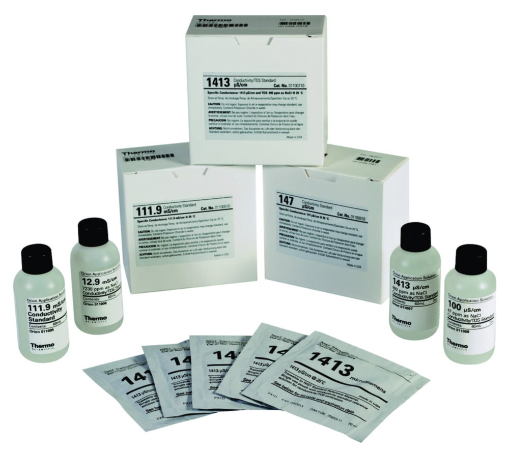 conductivity standard, kits voor oplossingen, chemische standaarden, zakjes, flessen