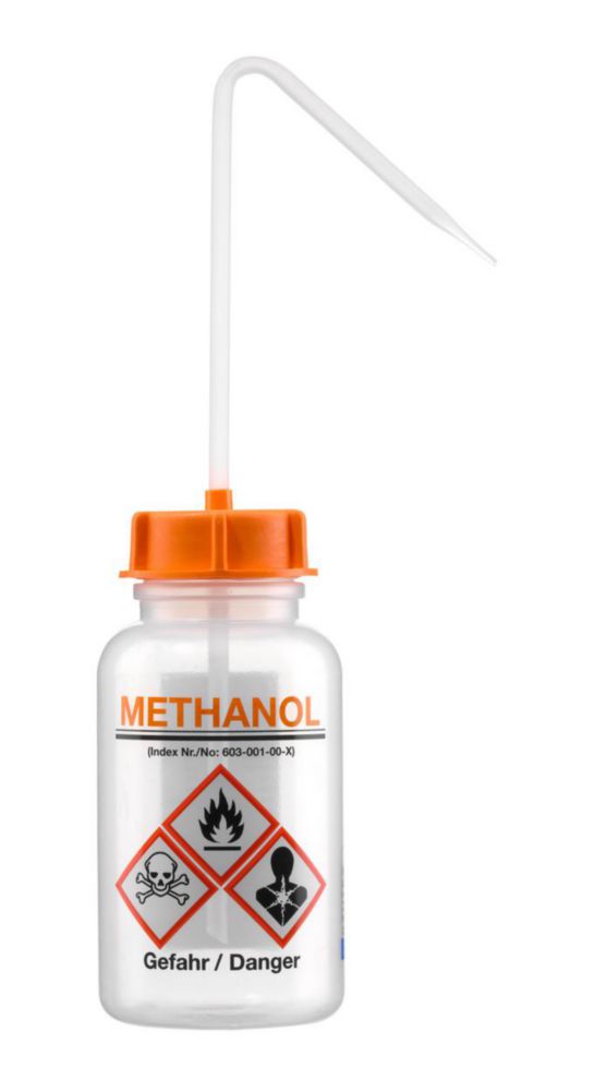 Spuitfles 500 ml, LDPE, WM, oranje dop, opdruk: Methanol
