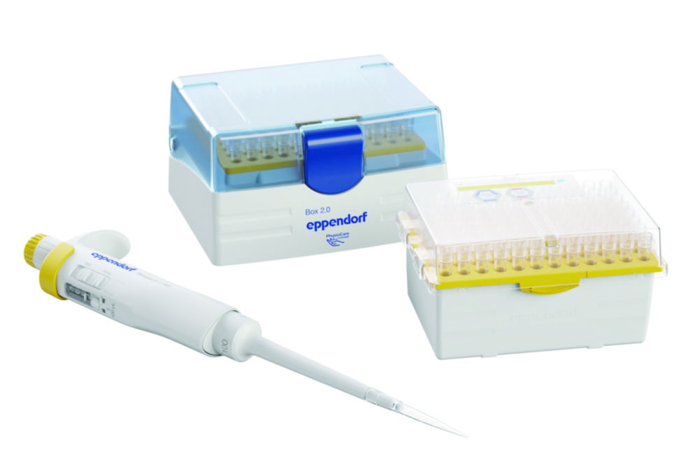 Pipet Research 3 neo 1-kan, variabel 5-100 µL, geel, incl. tips