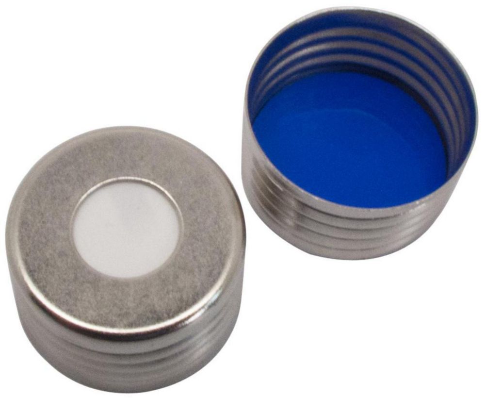 Schroefdoppen aluminium ND18,  magnetisch, middengat, met septum, silicone/PTFE, wit/blauw