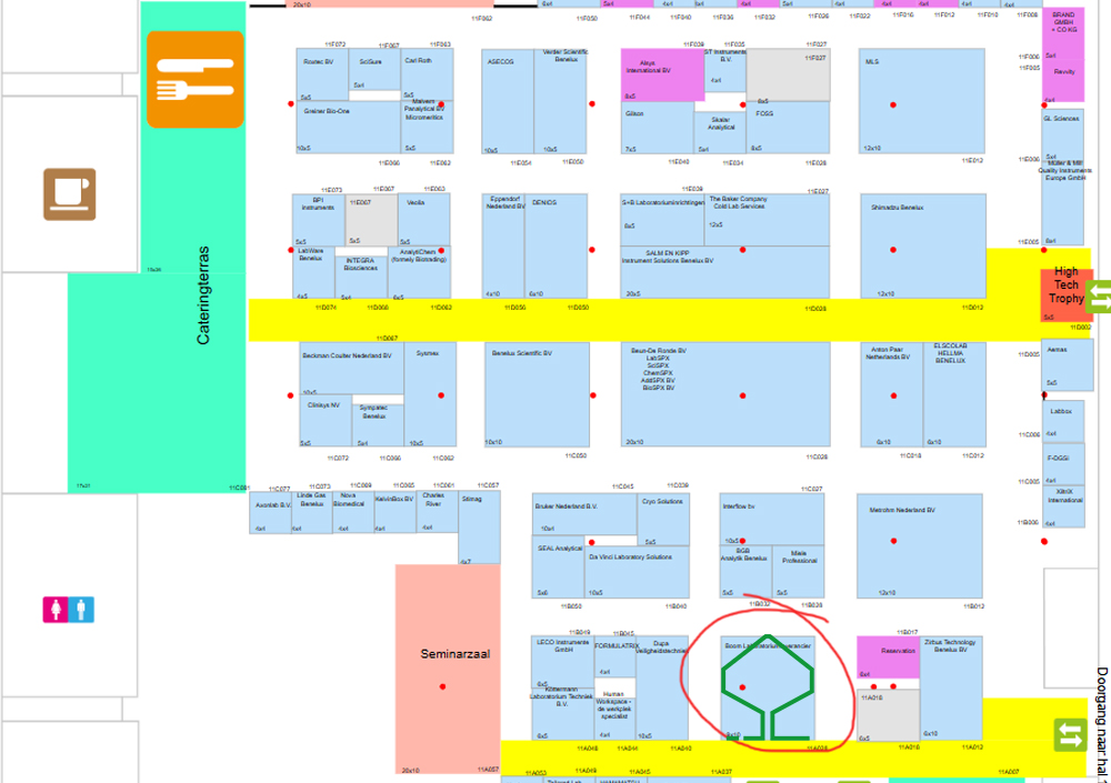 conferentie, seminar, stand, plattegrond, indeling, gebied catering, beurszaal, seminarieruimte, hexagonale logo, groene cirkel logo