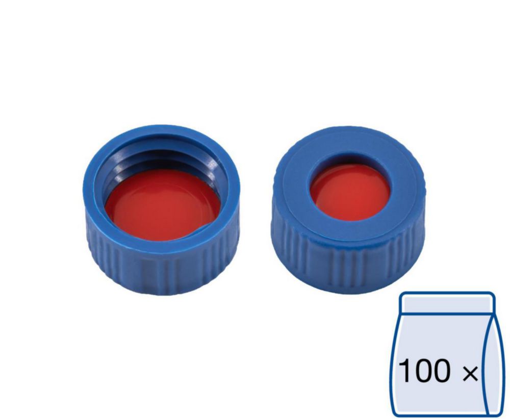 Schroefdop N9 PP blauw, met boring, PTFE rood, siliconen wit, dikte 1mm, hardheid 50° shore A