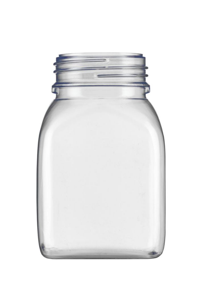 Fles 300ml, Container vierkant, PVC, Wijdmonds, Helder, zonder dop