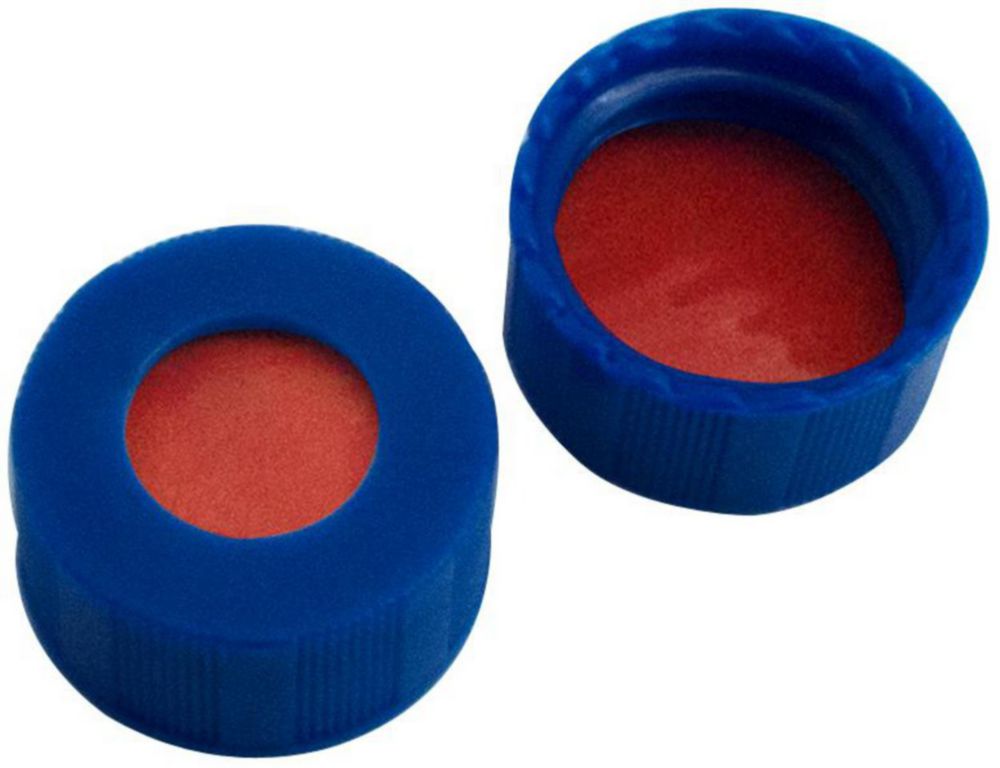 PP-schroefdoppen ND9, voorgemonteerd, blauw met gat, septa natuurrubber, oranjerood/transparant TEF
