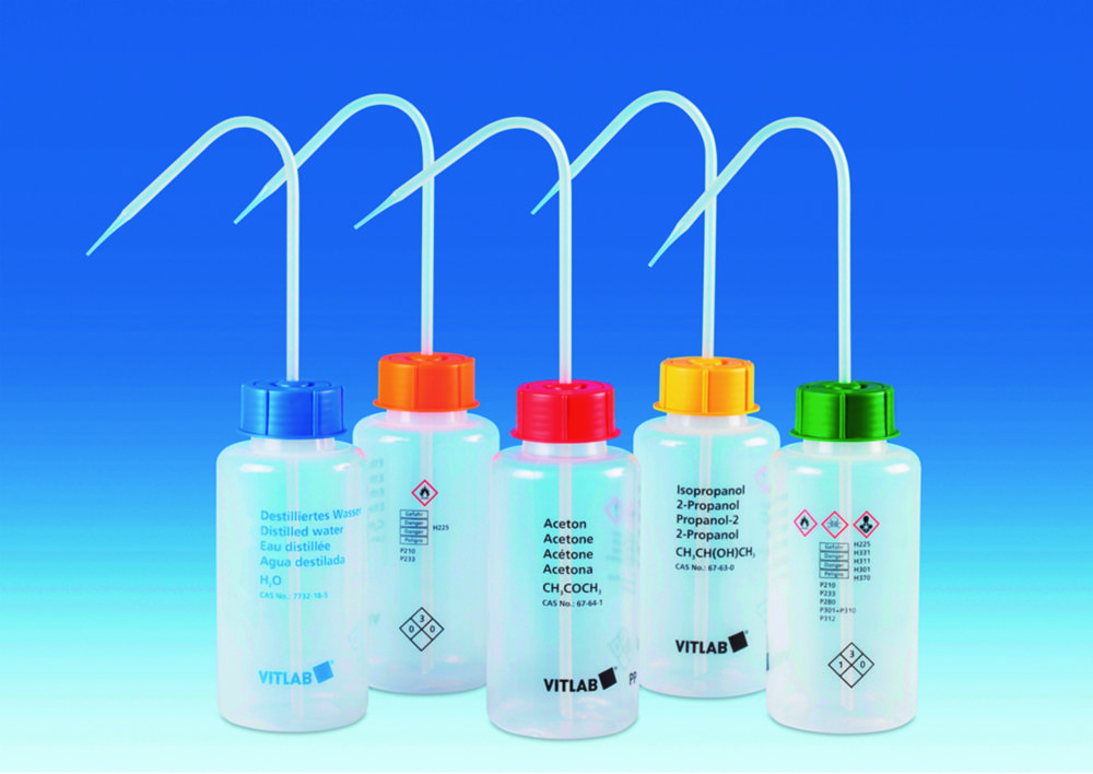 Spuitfles 500 ml, LDPE, WM, Dist. Water, blauwe dop, GL 45