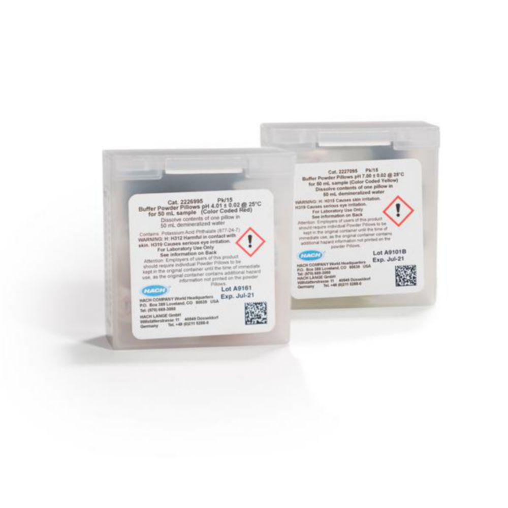 Bufferoplossing pH 4,01/7,00 +/- 0,02 bij 25°C, Set, Poederkussens 2x15 stuks a 50ml, rood/geel