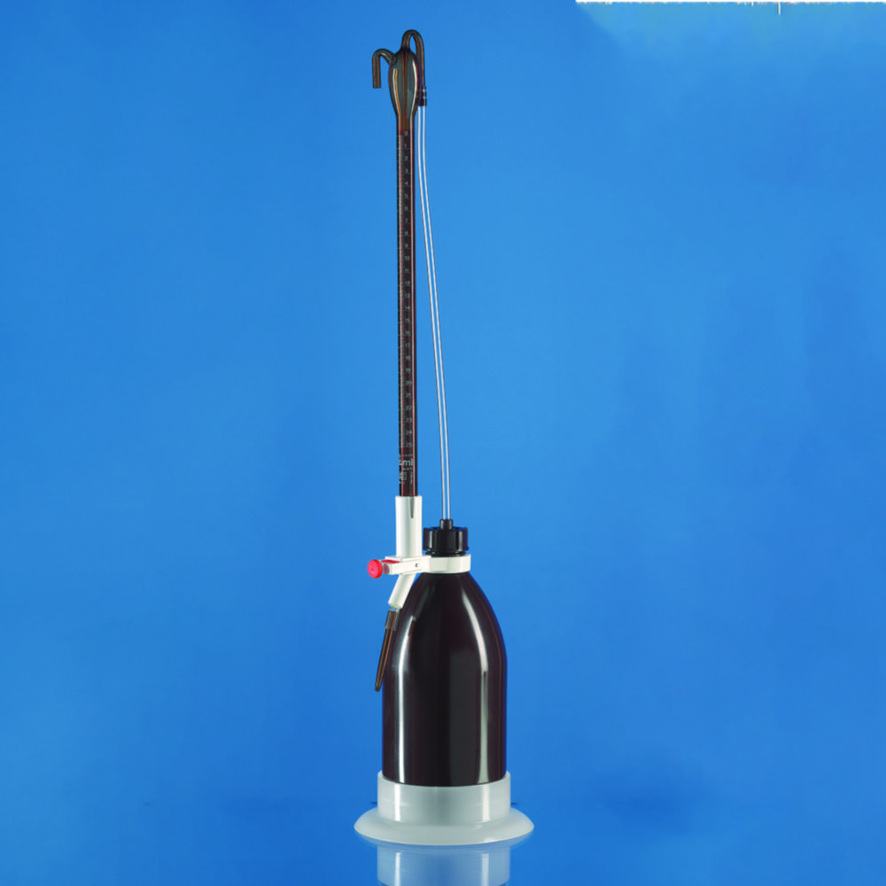 Buret automatisch, 50:0,01 ml volgens Schilling, klasse B, borosilicaatglas 3.3, LDPE fles, amber