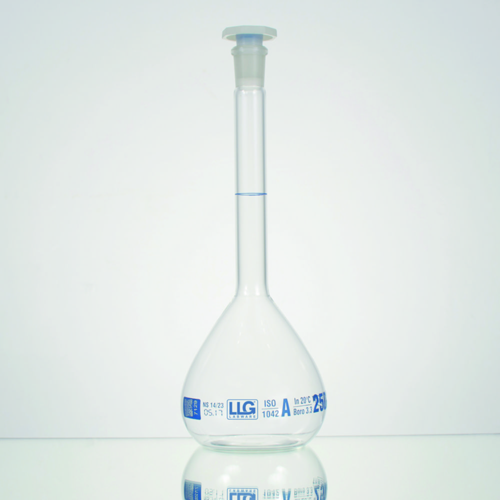 Maatkolven, klasse A, 5 ml, NS 10/19, boro. 3.3, blauwe maatverdeling en PE-stop