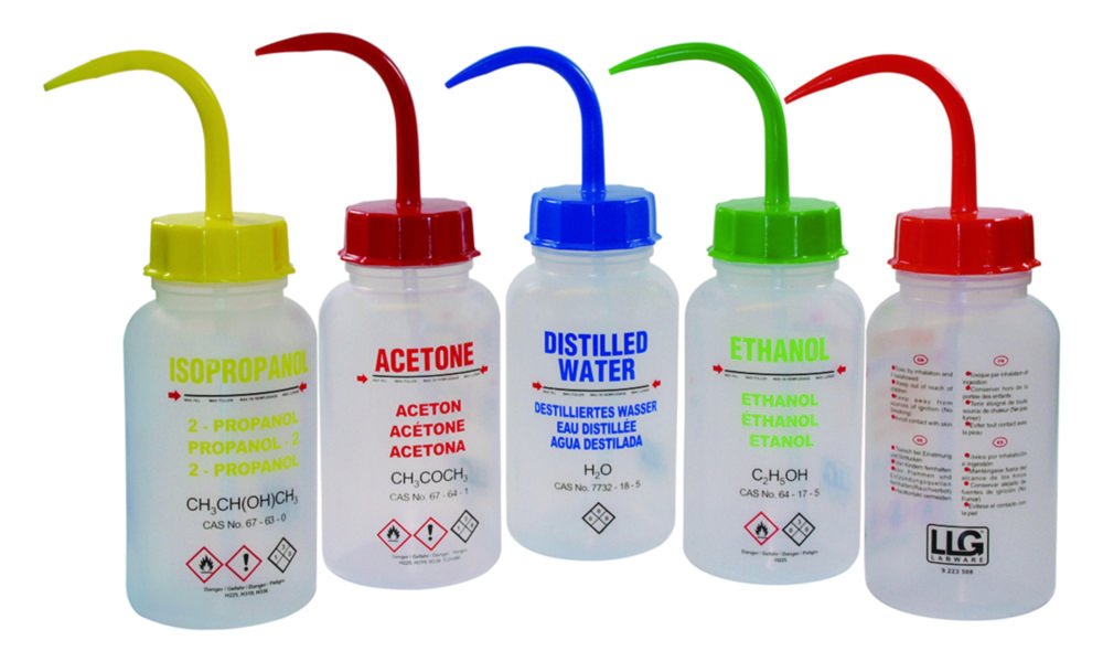 Veiligheidsspuitfles 500 ml, LDPE, GHS-opdruk ethanol,